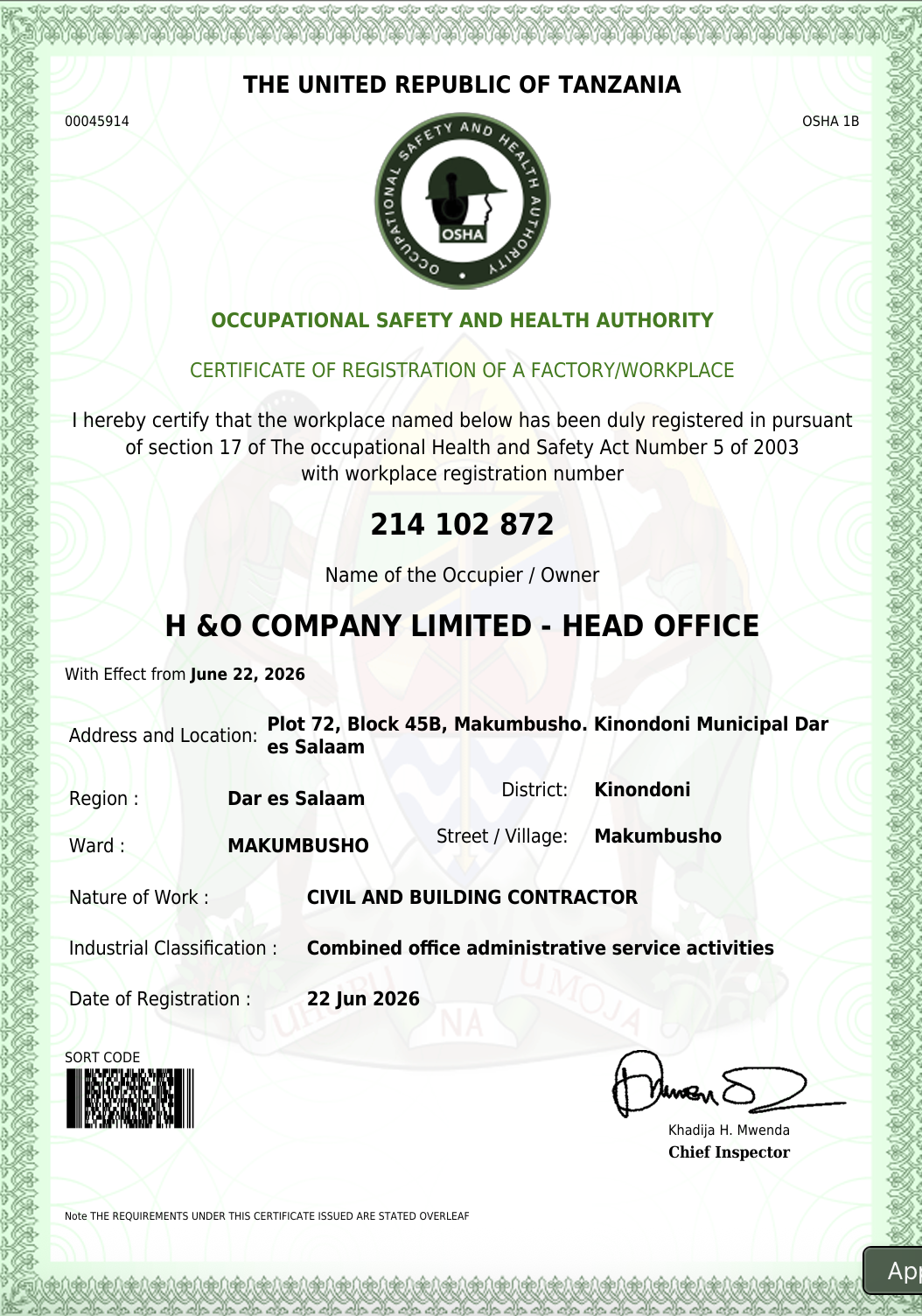 OSHA Registration Certificate